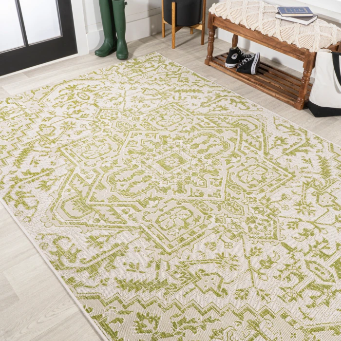 Estrella Bohemian Medallion Textured Weave Cream/Green 3 ft. x 5 ft. Indoor/Outdoor Area Rug
