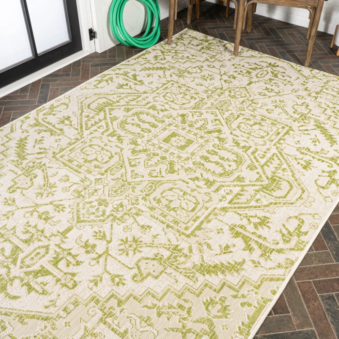 Estrella Bohemian Medallion Textured Weave Cream/Green 3 ft. x 5 ft. Indoor/Outdoor Area Rug