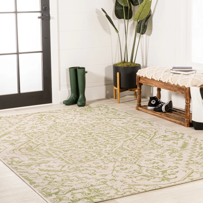 Estrella Bohemian Medallion Textured Weave Cream/Green 3 ft. x 5 ft. Indoor/Outdoor Area Rug