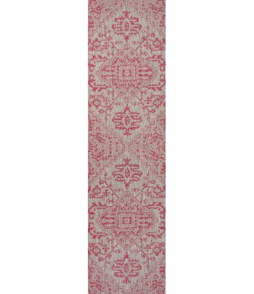 Estrella Bohemian Medallion Textured Weave Light Gray/Fuchsia 2 ft. x 10 ft. Indoor/Outdoor Runner Rug