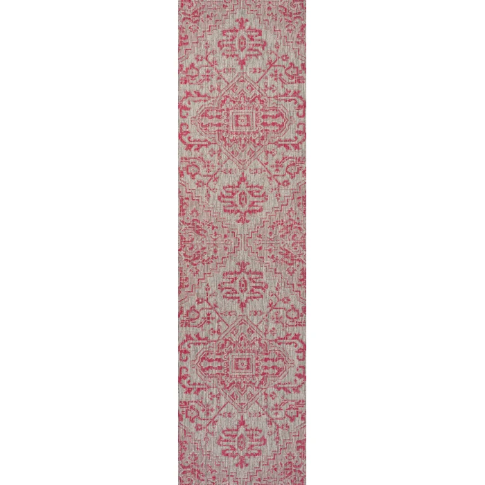 Estrella Bohemian Medallion Textured Weave Light Gray/Fuchsia 2 ft. x 10 ft. Indoor/Outdoor Runner Rug
