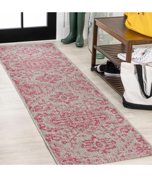 Estrella Bohemian Medallion Textured Weave Light Gray/Fuchsia 2 ft. x 10 ft. Indoor/Outdoor Runner Rug