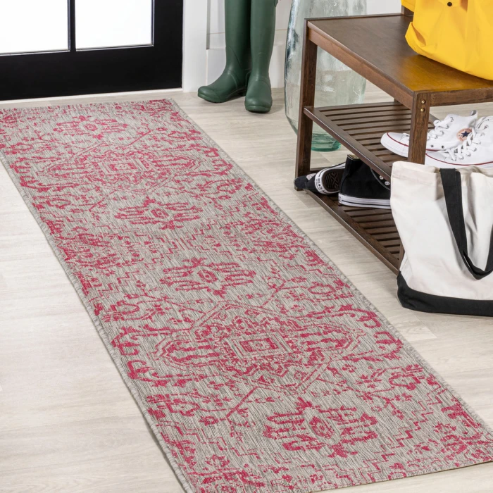 Estrella Bohemian Medallion Textured Weave Light Gray/Fuchsia 2 ft. x 10 ft. Indoor/Outdoor Runner Rug