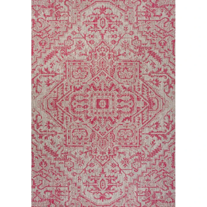 Estrella Bohemian Medallion Textured Weave Light Gray/Fuchsia 4 ft. x 6 ft. Indoor/Outdoor Area Rug