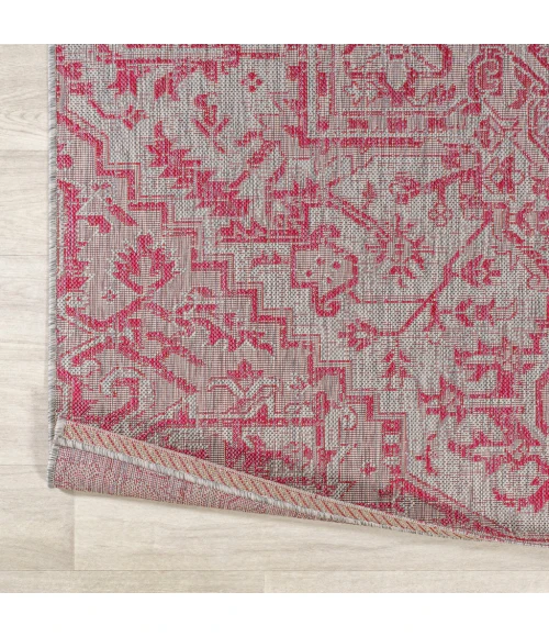 Estrella Bohemian Medallion Textured Weave Light Gray/Fuchsia 5' Square Indoor/Outdoor Area Rug