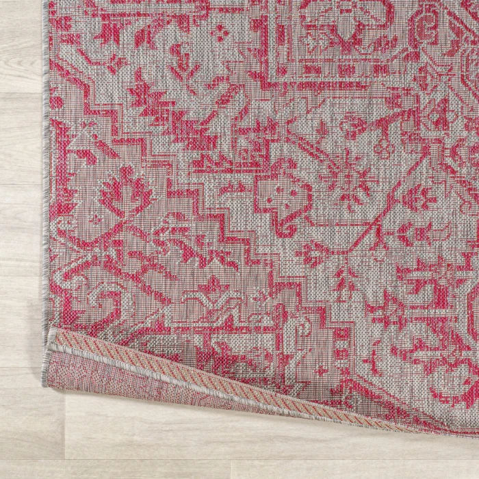 Estrella Bohemian Medallion Textured Weave Light Gray/Fuchsia 2 ft. x 10 ft. Indoor/Outdoor Runner Rug