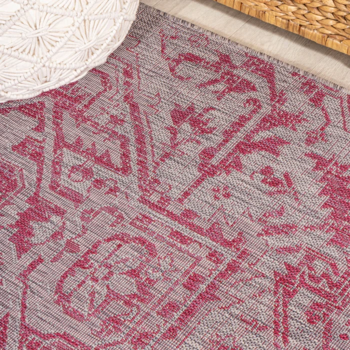 Estrella Bohemian Medallion Textured Weave Light Gray/Fuchsia 2 ft. x 10 ft. Indoor/Outdoor Runner Rug