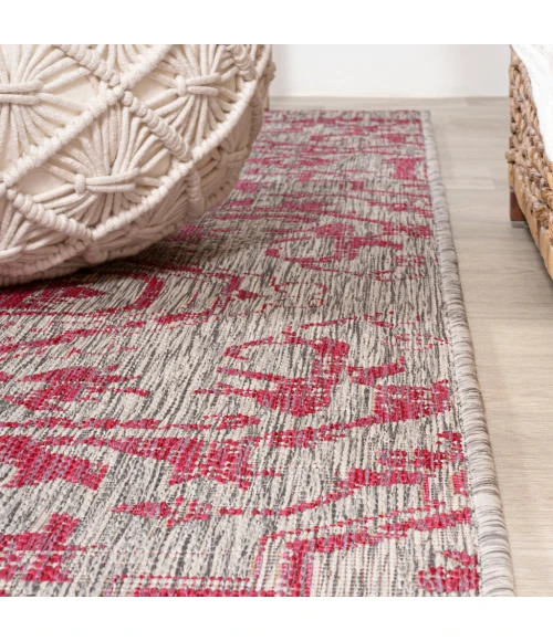 Estrella Bohemian Medallion Textured Weave Light Gray/Fuchsia 5' Square Indoor/Outdoor Area Rug