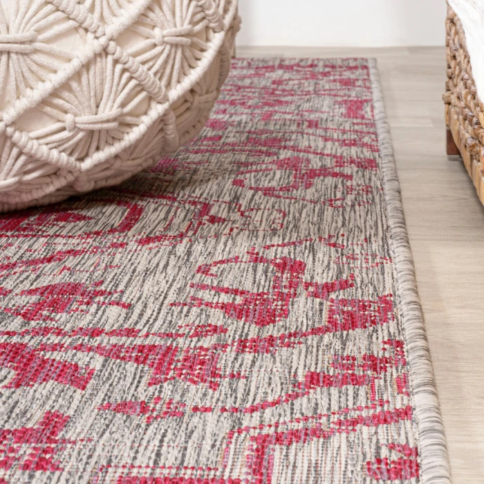 Estrella Bohemian Medallion Textured Weave Light Gray/Fuchsia 2 ft. x 10 ft. Indoor/Outdoor Runner Rug