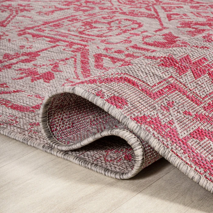 Estrella Bohemian Medallion Textured Weave Light Gray/Fuchsia 2 ft. x 10 ft. Indoor/Outdoor Runner Rug