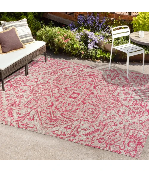 Estrella Bohemian Medallion Textured Weave Light Gray/Fuchsia 9 ft. x 12 ft. Indoor/Outdoor Area Rug