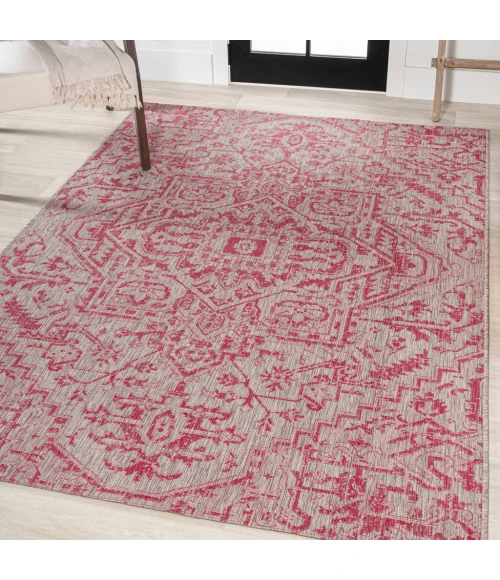 Estrella Bohemian Medallion Textured Weave Light Gray/Fuchsia 9 ft. x 12 ft. Indoor/Outdoor Area Rug