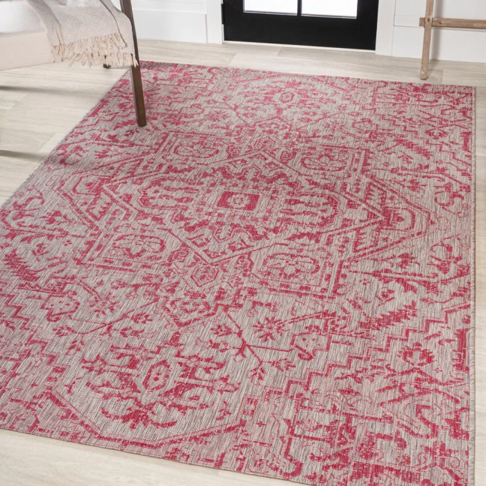 Estrella Bohemian Medallion Textured Weave Light Gray/Fuchsia 4 ft. x 6 ft. Indoor/Outdoor Area Rug