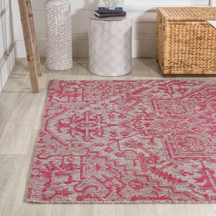 Estrella Bohemian Medallion Textured Weave Light Gray/Fuchsia 4 ft. x 6 ft. Indoor/Outdoor Area Rug