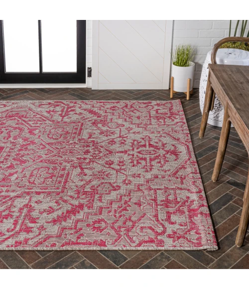 Estrella Bohemian Medallion Textured Weave Light Gray/Fuchsia 9 ft. x 12 ft. Indoor/Outdoor Area Rug