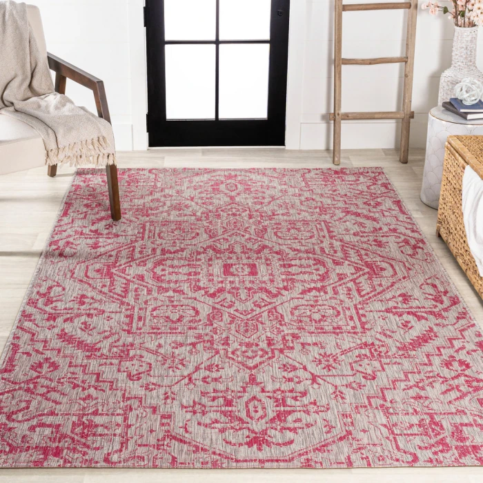 Estrella Bohemian Medallion Textured Weave Light Gray/Fuchsia 4 ft. x 6 ft. Indoor/Outdoor Area Rug