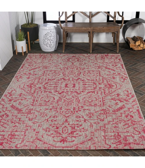 Estrella Bohemian Medallion Textured Weave Light Gray/Fuchsia 9 ft. x 12 ft. Indoor/Outdoor Area Rug