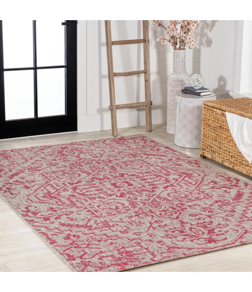 Estrella Bohemian Medallion Textured Weave Light Gray/Fuchsia 9 ft. x 12 ft. Indoor/Outdoor Area Rug