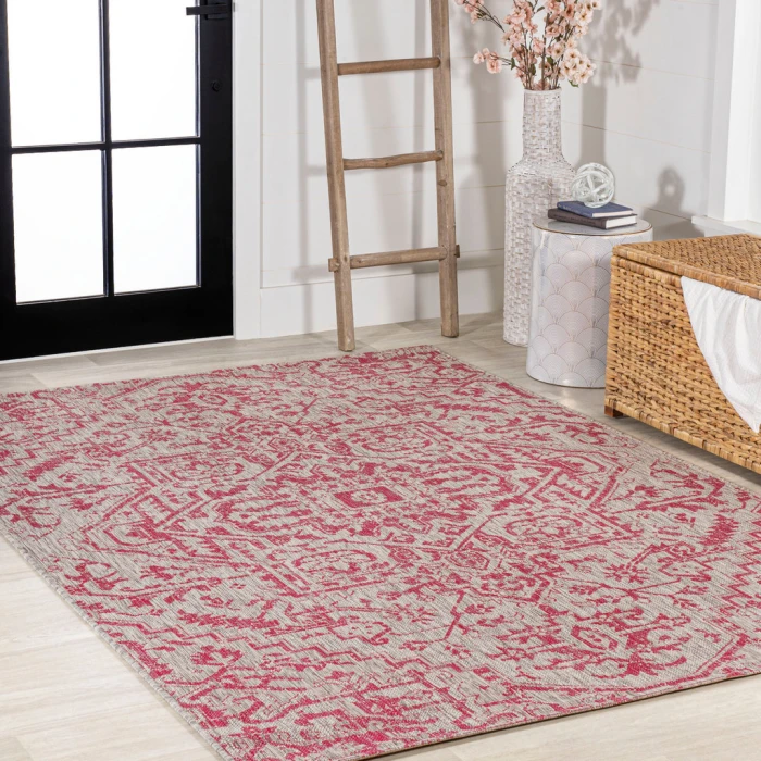 Estrella Bohemian Medallion Textured Weave Light Gray/Fuchsia 4 ft. x 6 ft. Indoor/Outdoor Area Rug