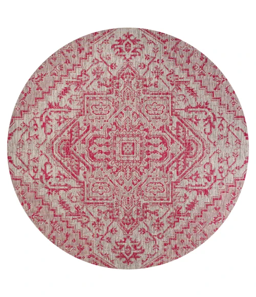 Estrella Bohemian Medallion Textured Weave Light Gray/Fuchsia 5' Round Indoor/Outdoor Area Rug
