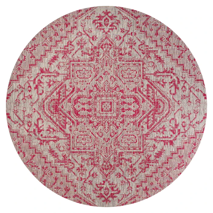 Estrella Bohemian Medallion Textured Weave Light Gray/Fuchsia 5' Round Indoor/Outdoor Area Rug
