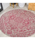 Estrella Bohemian Medallion Textured Weave Light Gray/Fuchsia 5' Round Indoor/Outdoor Area Rug