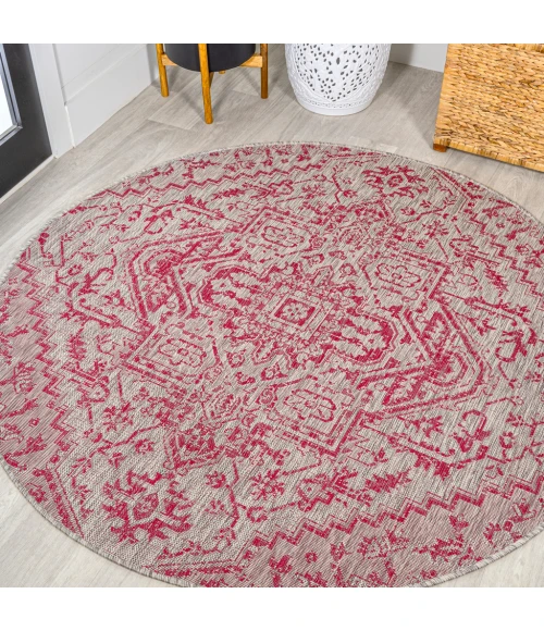 Estrella Bohemian Medallion Textured Weave Light Gray/Fuchsia 5' Round Indoor/Outdoor Area Rug