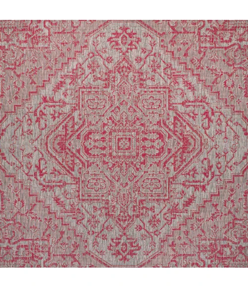 Estrella Bohemian Medallion Textured Weave Light Gray/Fuchsia 5' Square Indoor/Outdoor Area Rug