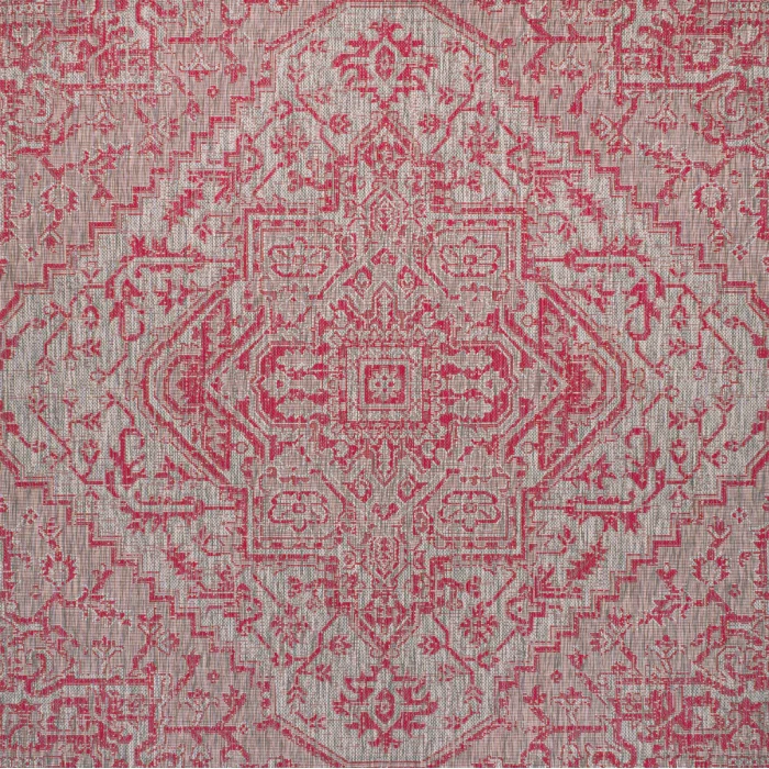 Estrella Bohemian Medallion Textured Weave Light Gray/Fuchsia 5' Square Indoor/Outdoor Area Rug
