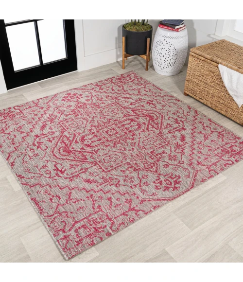 Estrella Bohemian Medallion Textured Weave Light Gray/Fuchsia 5' Square Indoor/Outdoor Area Rug