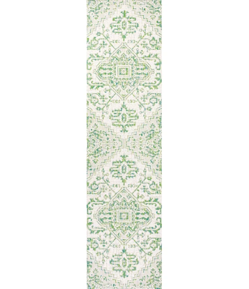 Estrella Bohemian Medallion Textured Weave Green/Cream 2 ft. x 10 ft. Indoor/Outdoor Runner Rug