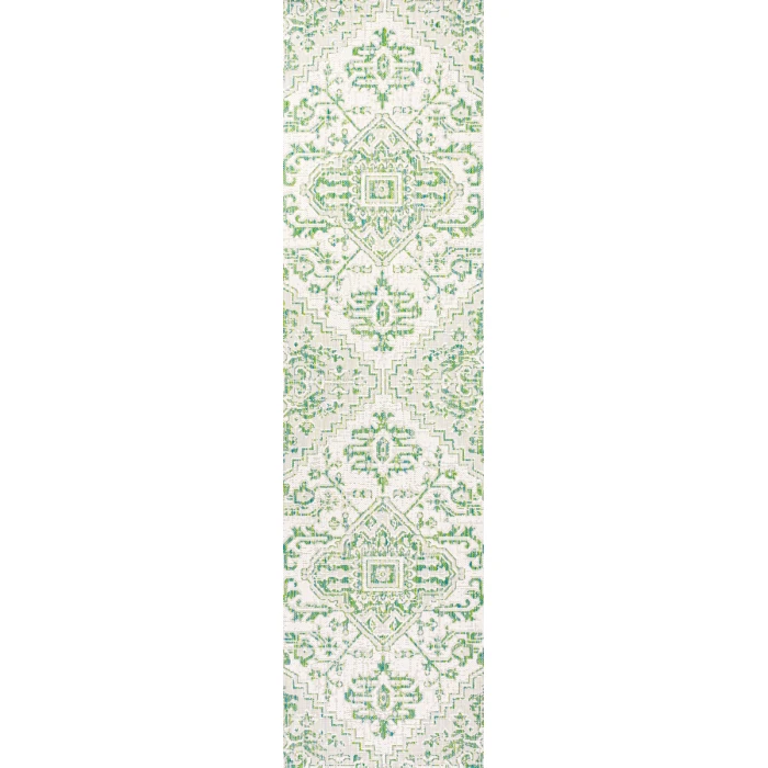 Estrella Bohemian Medallion Textured Weave Green/Cream 2 ft. x 10 ft. Indoor/Outdoor Runner Rug