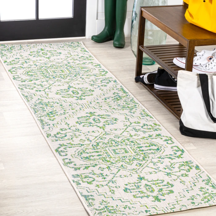 Estrella Bohemian Medallion Textured Weave Green/Cream 2 ft. x 10 ft. Indoor/Outdoor Runner Rug