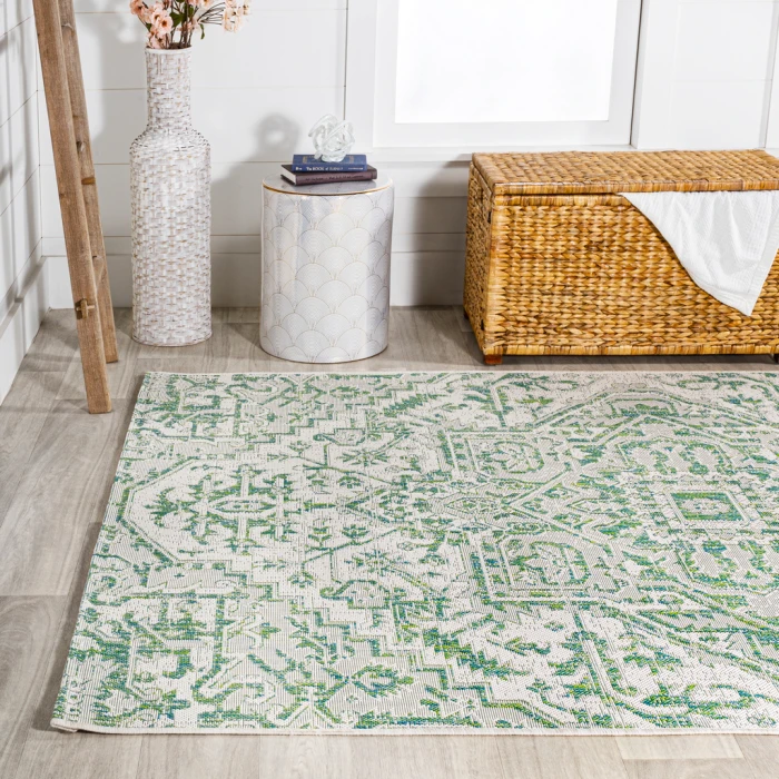 Estrella Bohemian Medallion Textured Weave Green/Cream 3 ft. x 5 ft. Indoor/Outdoor Area Rug