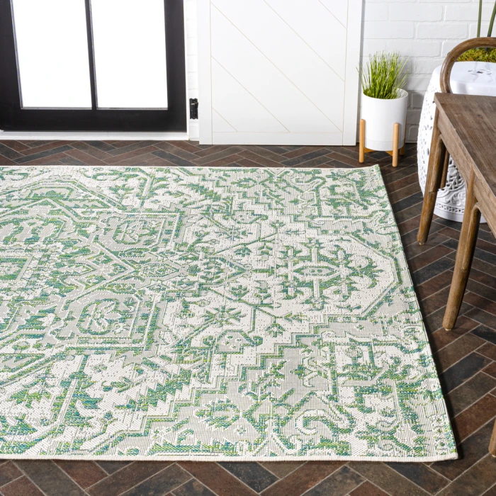 Estrella Bohemian Medallion Textured Weave Green/Cream 3 ft. x 5 ft. Indoor/Outdoor Area Rug