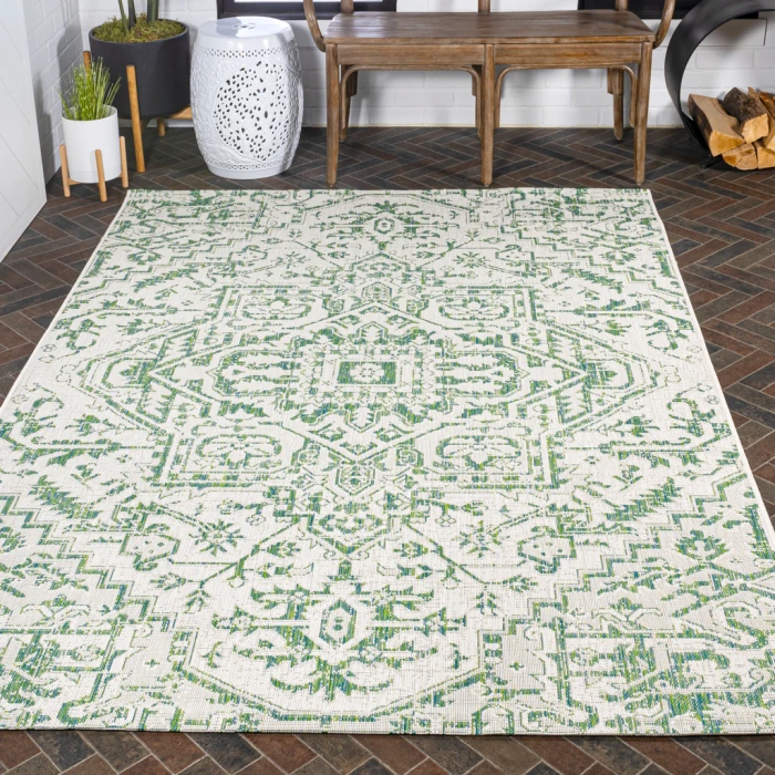 Estrella Bohemian Medallion Textured Weave Green/Cream 3 ft. x 5 ft. Indoor/Outdoor Area Rug