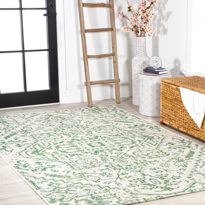 Estrella Bohemian Medallion Textured Weave Green/Cream 3 ft. x 5 ft. Indoor/Outdoor Area Rug