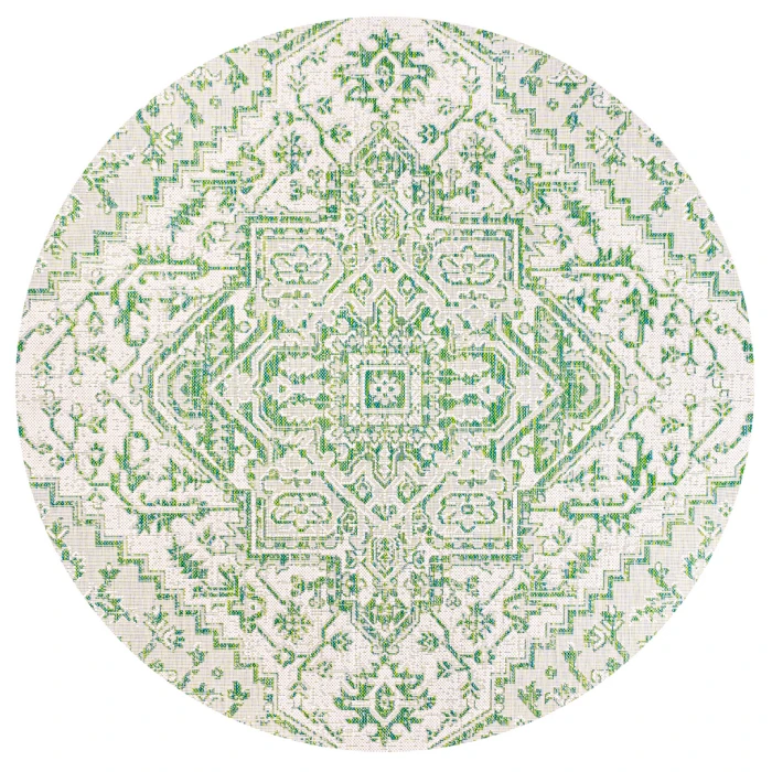 Estrella Bohemian Medallion Textured Weave Green/Cream 5' Round Indoor/Outdoor Area Rug