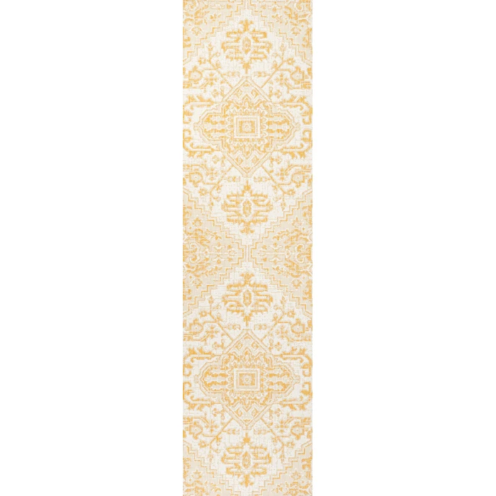 Estrella Bohemian Medallion Textured Weave Cream/Yellow 2 ft. x 10 ft. Indoor/Outdoor Runner Rug