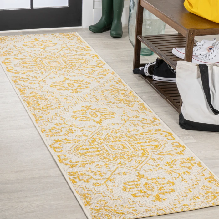 Estrella Bohemian Medallion Textured Weave Cream/Yellow 2 ft. x 10 ft. Indoor/Outdoor Runner Rug