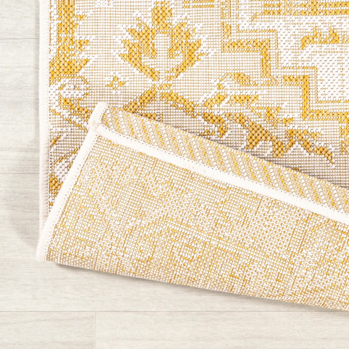 Estrella Bohemian Medallion Textured Weave Cream/Yellow 2 ft. x 10 ft. Indoor/Outdoor Runner Rug