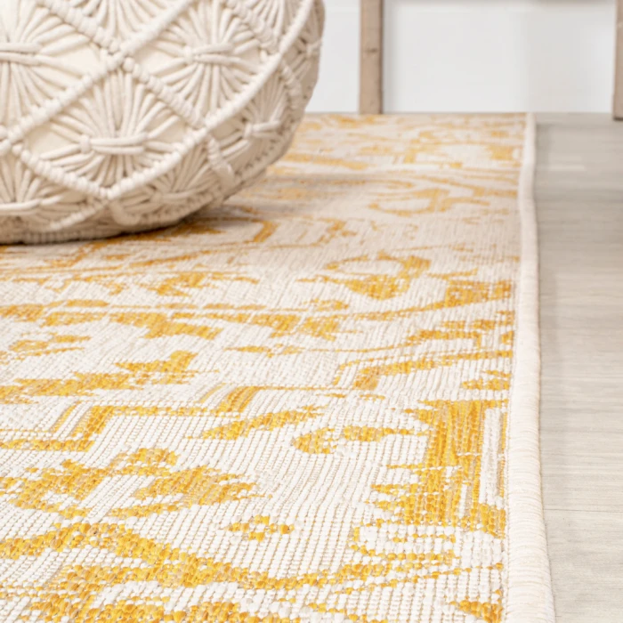 Estrella Bohemian Medallion Textured Weave Cream/Yellow 2 ft. x 10 ft. Indoor/Outdoor Runner Rug