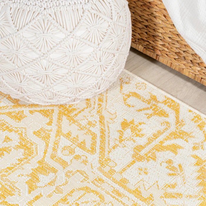 Estrella Bohemian Medallion Textured Weave Cream/Yellow 2 ft. x 10 ft. Indoor/Outdoor Runner Rug