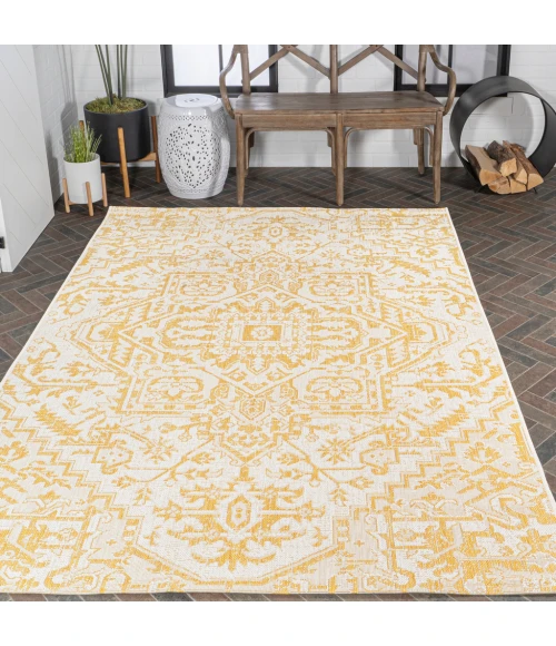 Estrella Bohemian Medallion Textured Weave Cream/Yellow 4 ft. x 6 ft. Indoor/Outdoor Area Rug