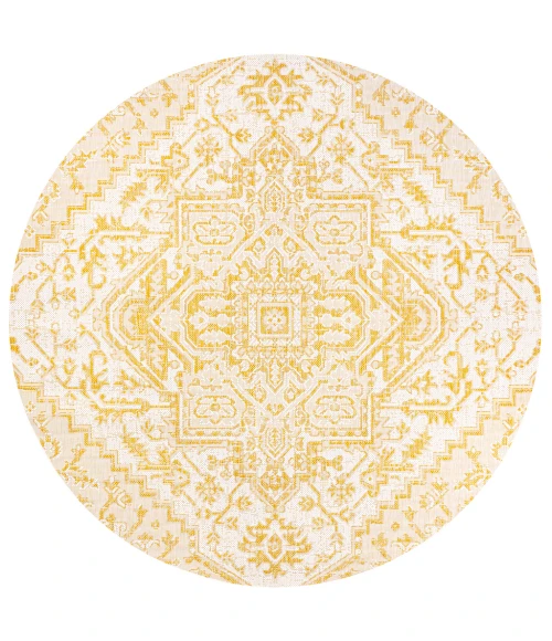 Estrella Bohemian Medallion Textured Weave Cream/Yellow 5' Round Indoor/Outdoor Area Rug
