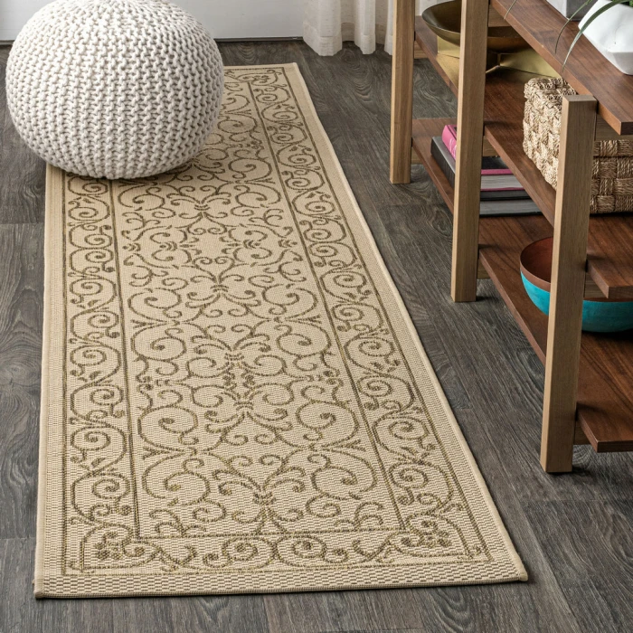 Charleston Vintage Filigree Textured Weave Beige/Brown 2 ft. x 10 ft. Indoor/Outdoor Runner Rug