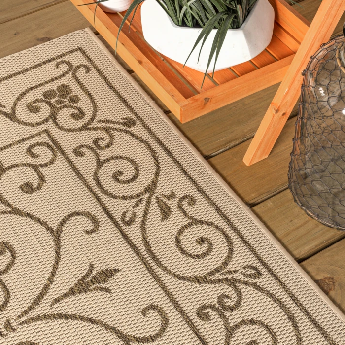 Charleston Vintage Filigree Textured Weave Beige/Brown 2 ft. x 10 ft. Indoor/Outdoor Runner Rug