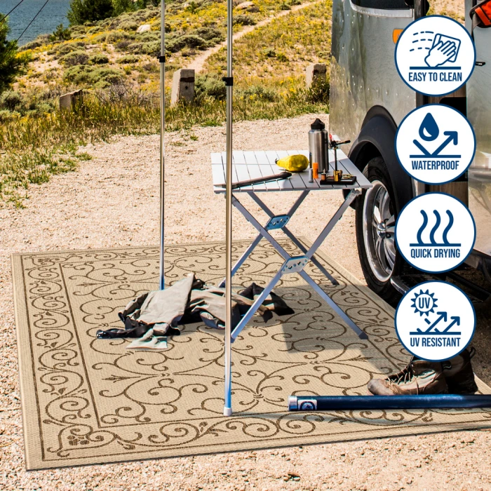 Charleston Vintage Filigree Textured Weave Beige/Brown 2 ft. x 10 ft. Indoor/Outdoor Runner Rug