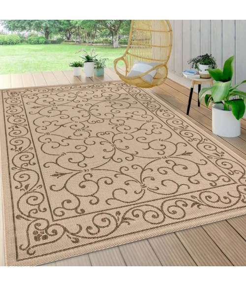 Charleston Vintage Filigree Textured Weave Beige/Brown 8 ft. x 10 ft. Indoor/Outdoor Area Rug