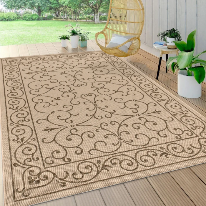 Charleston Vintage Filigree Textured Weave Beige/Brown 3 ft. x 5 ft. Indoor/Outdoor Area Rug